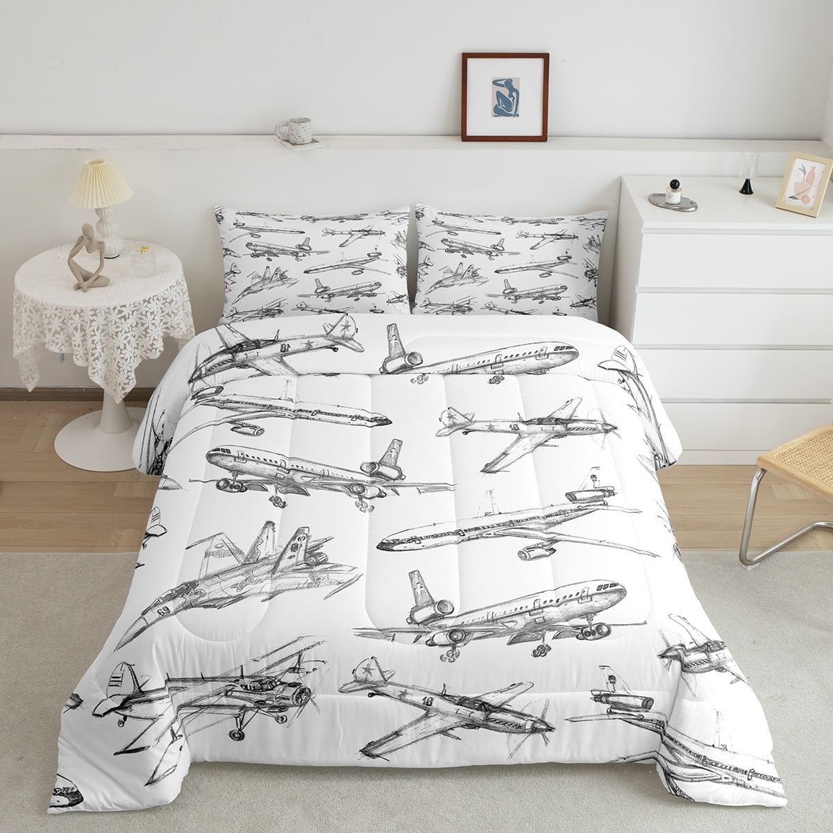 Airplane Bedding Set Aviation Aircraft Plain Sketch Twin Comforter Set