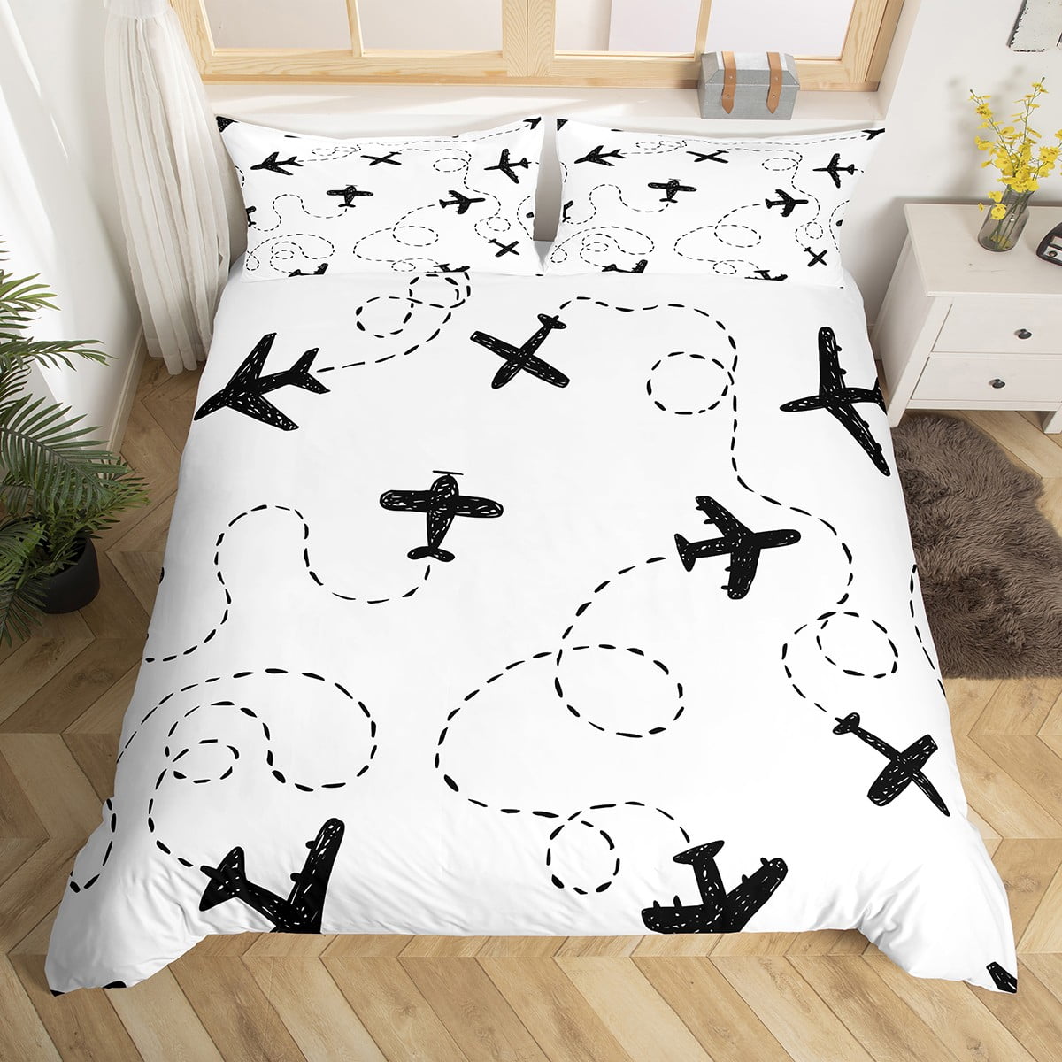 Airplane Bedding Set Black Aviation Aircraft Duvet Cover Twin,Fighter
