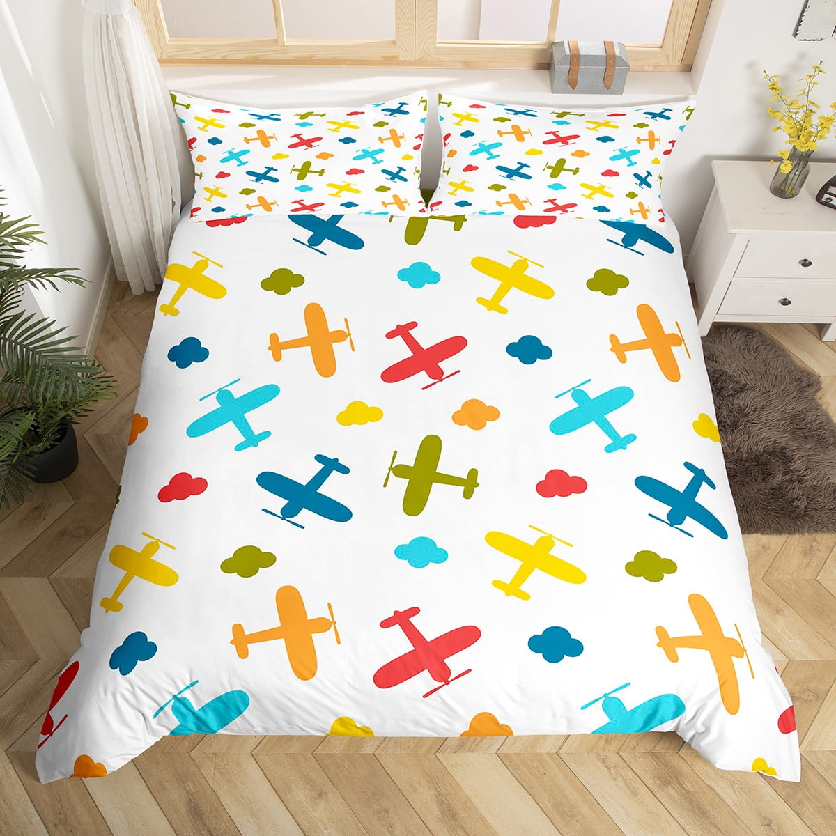 Airplane Bedding Set Multicolor Aircraft Duvet Cover King,Watercolor