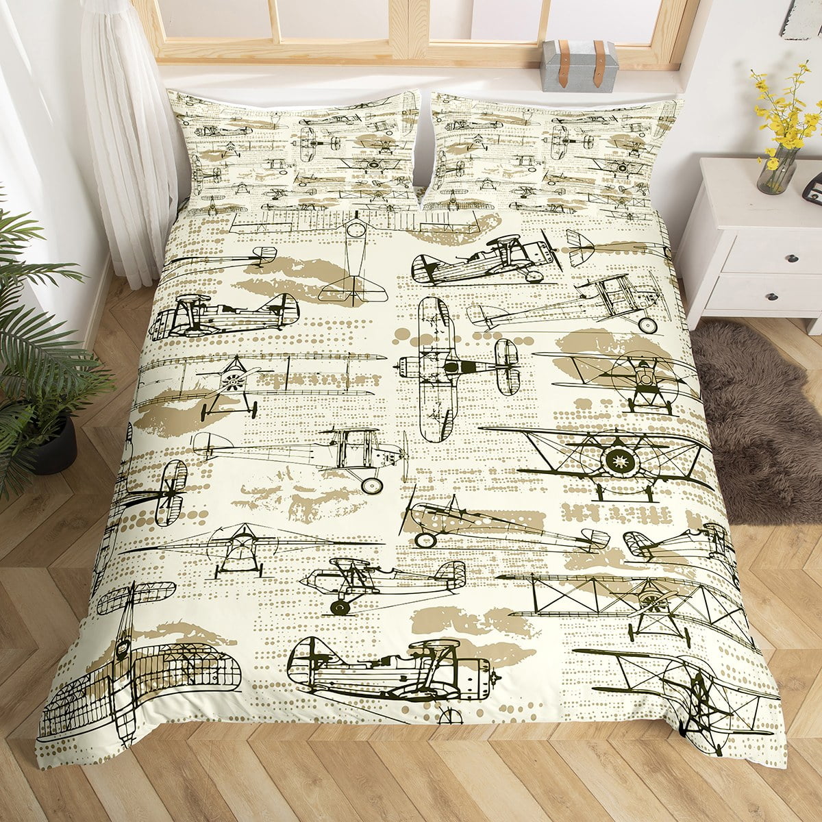Airplane Bedding Set Queen Size Retro Propeller Airplane Duvet Cover