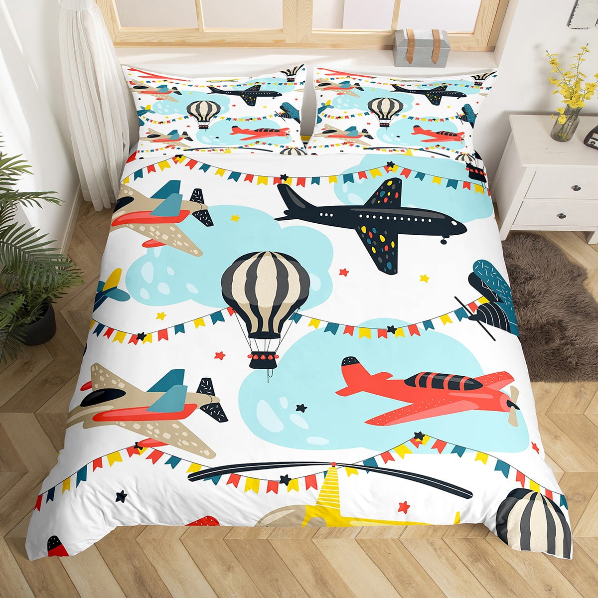 Airplane Bedding Set Watercolor Aircraft Comforter Cover Full,Cartoon