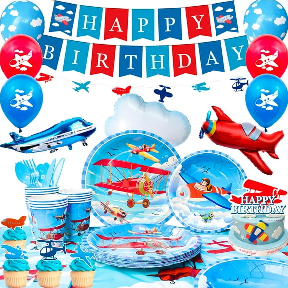 Airplane Birthday Party Decorations,167pcs Airplane Party decorations & Airplane Party Tableware set - Airplane Plates Napkins Cups Table Cloth Balloons Backdrop