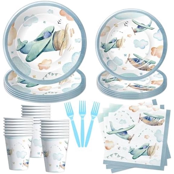 Airplane Birthday Party Supplies - Airplane Decorations Tableware, Paper Plate, Cup, Napkin, Fork, Baby Shower Dinnerware | Serve 24