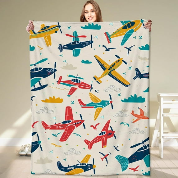 Airplane Blanket Aviation Adventure Colorful Planes and Clouds Throw Blankets Gifts for Kids Boys Lightweight Soft Fleece Cozy for Sofa Couch Bed Room Travel Birthday Party Decor 50x60in