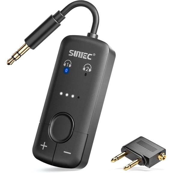 Airplane Bluetooth 5.3 Adapter, Wireless Audio Transmitter for Headphones, Dual Headphone, aptX Adaptive, 3.5mm AUX Black