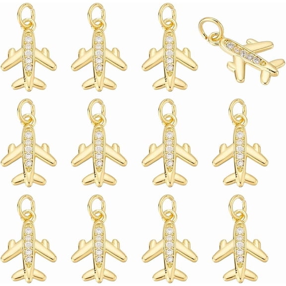 Airplane Charms Cubic Zirconia Brass Plane Pendants with Jump Ring Aircraft Charms Bulk for Jewelry Making Kit Necklace Bracelet Brass+Cubic Zirconia