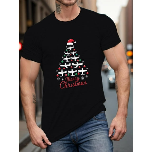 Airplane Christmas Tree Tee T Shirt Casual Short Sleeve Comfort Top Breathable Short Sleeve Round Neck Black S-5XL