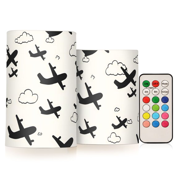 Airplane Cloud Pattern Flameless LED Candle Set with Remote, Battery Operated Color Changing Pillar Candles, Set of 2