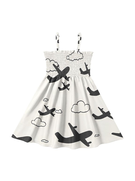 Airplane Cloud Pattern Girls' Casual Dresses 2Y-8Y Sleeveless Ruffle Neck for Summer Daily Wear