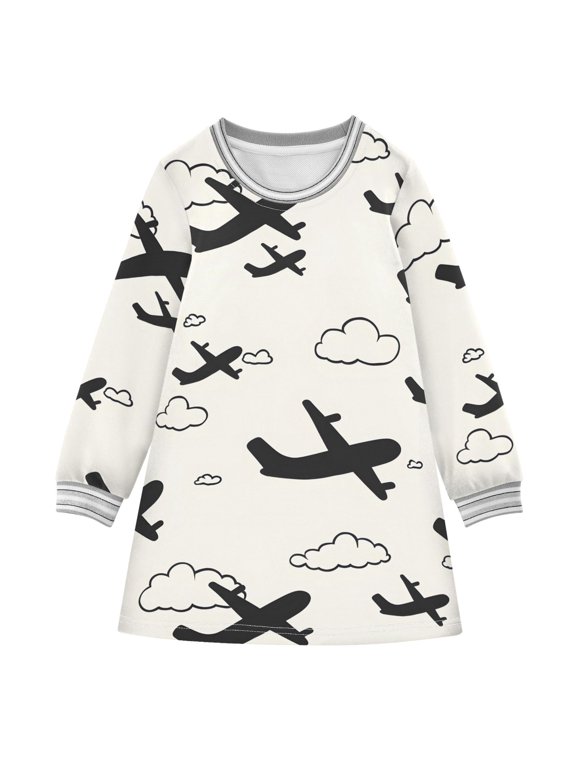 Airplane Cloud Pattern Girls'long-sleeved dress Thickened A-dress Warm Dress Basic Shirt Party Dresses