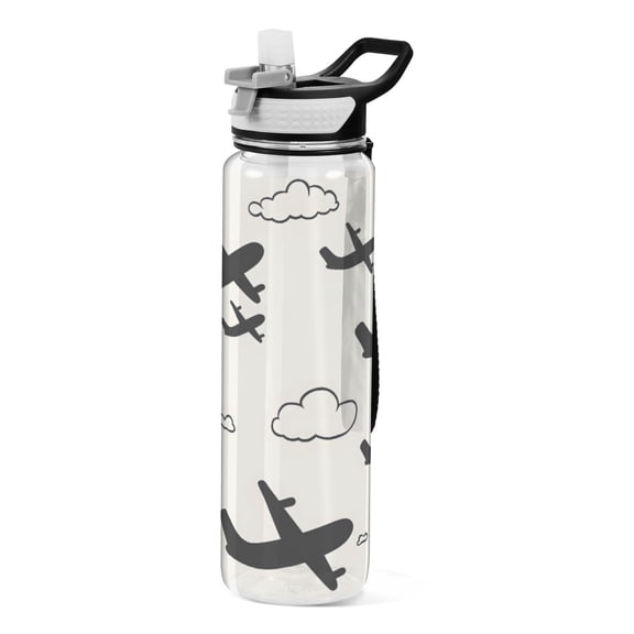 Airplane Cloud Pattern Sport Water Bottle Tritan with Straw 1000ml Portable for Outdoor Daily Use
