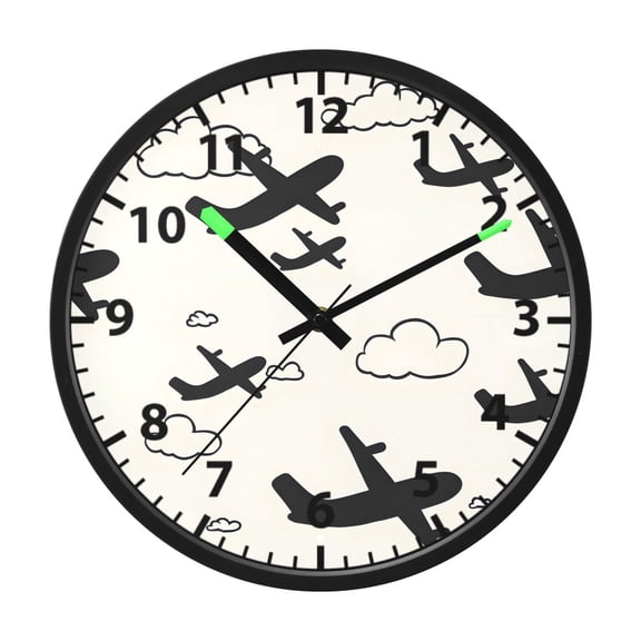 Airplane Cloud Pattern Wall Clock 12 Inch Voice Activated Night Light Silent Non Ticking