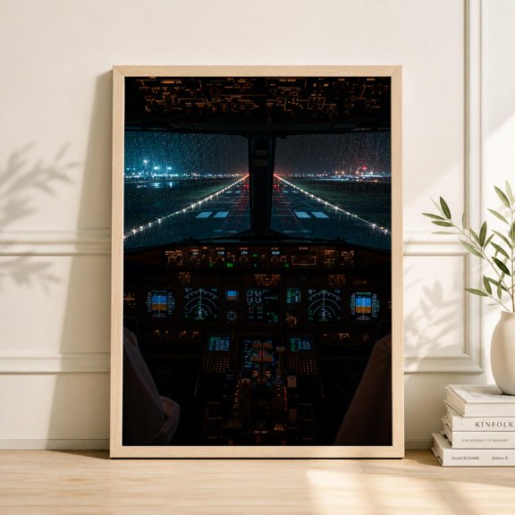 Airplane Cockpit Runway Poster, Rainy Night Aviation Photography Poster, Pilot View Wall Art , Poster Print Only
