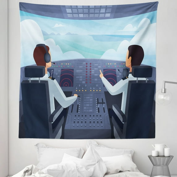 Airplane Cockpit Tapestry, Aircraft Illustration Pilots Modern Cartoon Look Sky Clouds, Fabric Wall Hanging Decor for Bedroom Living Room Dorm, 5 Sizes, Dark Indigo Multicolor, by Ambesonne