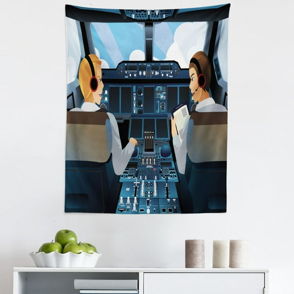 Airplane Cockpit Tapestry, Board Cabin Captian Pilot Cartoonish Illustration Flight Fly Plane, Fabric Wall Hanging Decor for Bedroom Living Room Dorm, 5 Sizes, Dark Petrol Blue, by Ambesonne