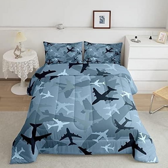 Airplane Comforter Set Full,Cartoon Airplane Pattern Bedding Set 3pcs for Boys Teens Room Decor, Grey Black Down Comforter Soft Microfiber Duvet Insert with 2 Pillowcases