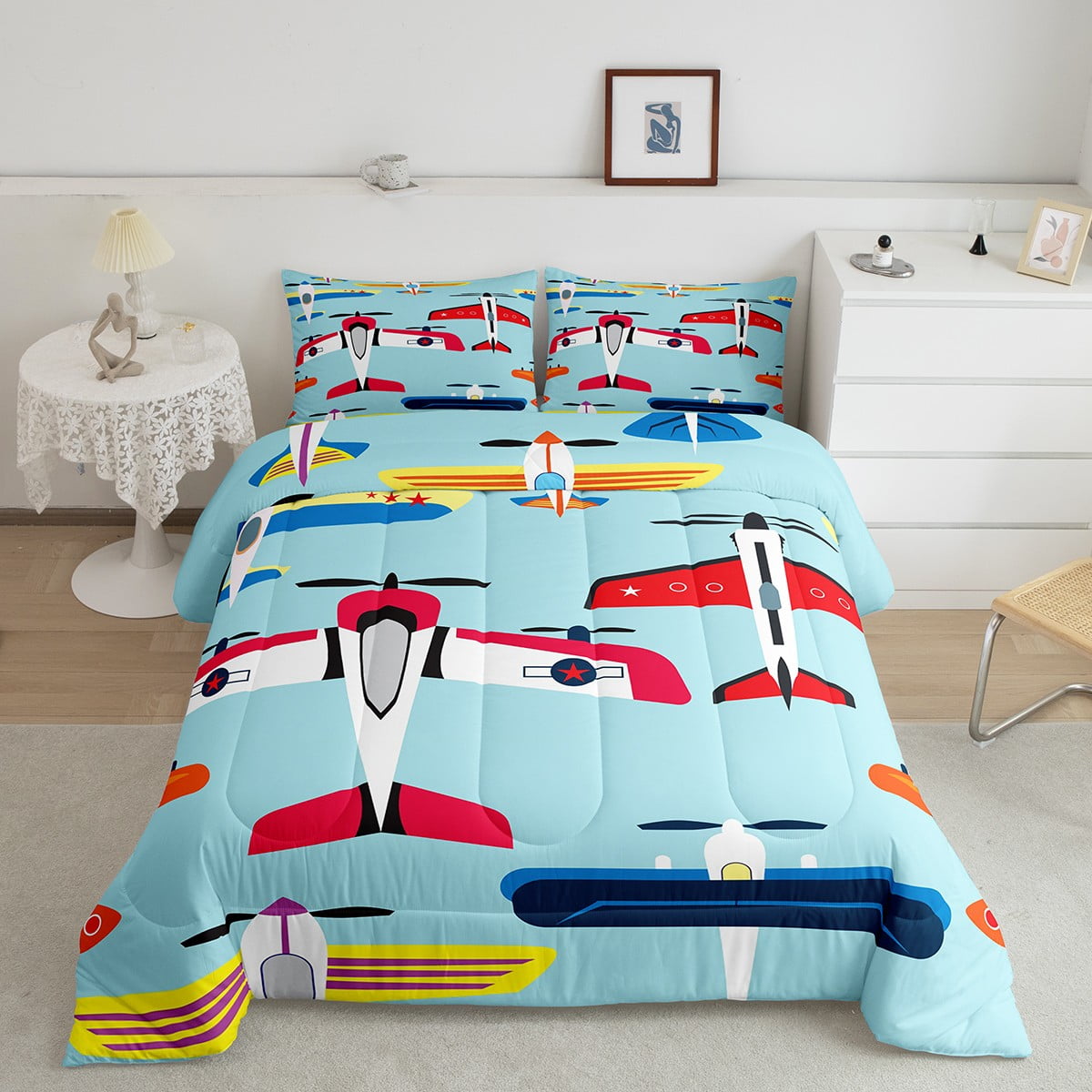 Airplane Comforter Set Helicopter Aircraft Military Transport Rainbow