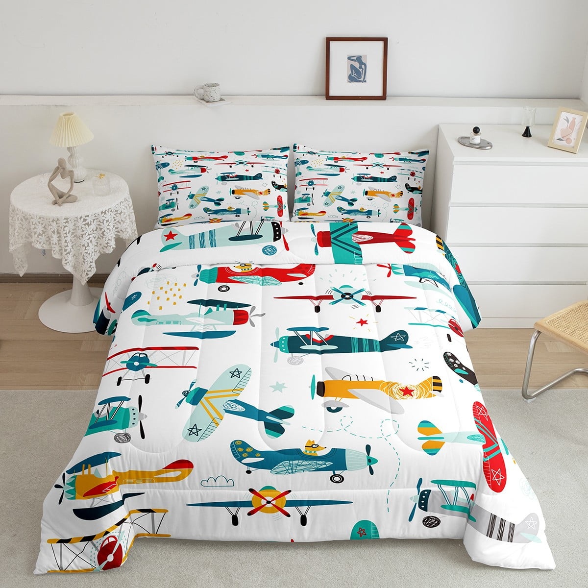 Airplane Comforter Set Rainbow Aircraft Quilt Watercolor Fighter Plane Toddler Bedding Set Twin