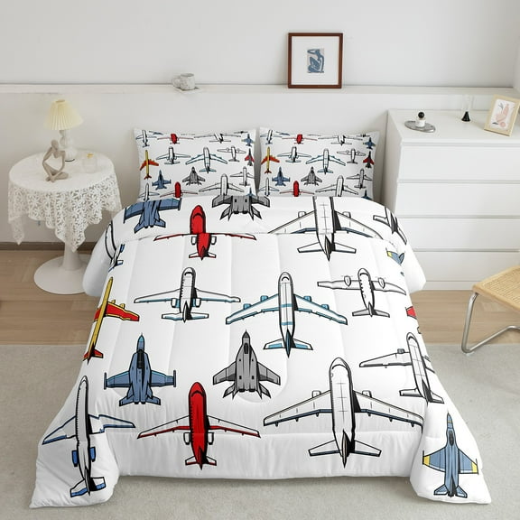 Airplane Comforter Set Vintage Aircraft Bedding Set Full,Fighter Plane Silhouette Quilt Airliner Aeroplane Duvet Insert Military Transport Themed Room Decor,Plain White