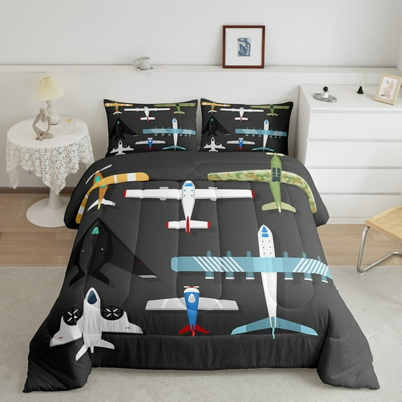 Airplane Comforter Set Vintage Aircraft Bedding Set Twin,Fighter Plane Silhouette Quilt Airliner Aeroplane Duvet Insert Military Transport Themed Room Decor,Grey