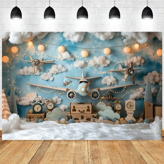 Airplane Cool Birthday Backdrop Adventure Theme Boy Birthday Party Photography Background Wooden Toy Airplane Travel Suitcase Banner Decorations Baby Shower Party Photo Booth Props