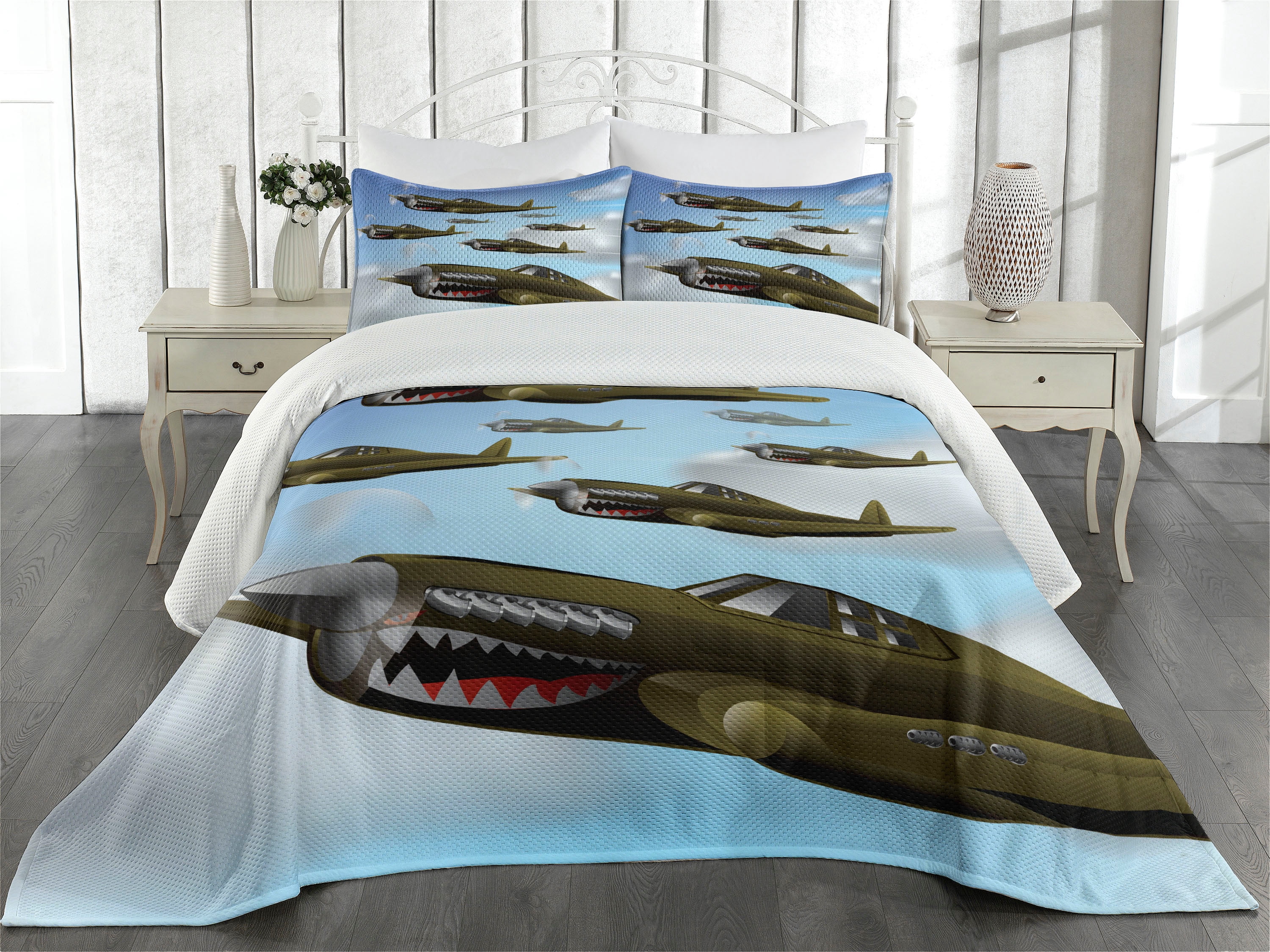 Airplane Coverlet Set Queen Size, Fighter Aircrafts Up in Air Flight Machinery Wings Illustration Technology, Quilted 3 Piece Decor Bedspread Set with 2 Pillow Shams, Blue Green Grey, by Ambesonne