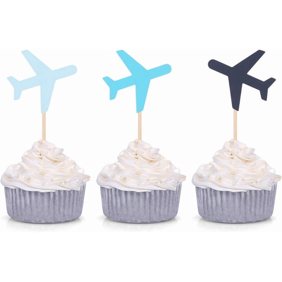 Airplane Cupcake Toppers, 12 Pack Glitter Travel Themed Picks in Light Blue, Blue & Navy, Kids Adventure Birthday Party Cake Decor Supplies