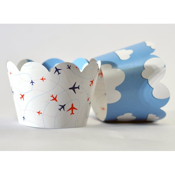 Airplane Cupcake Wrappers for Travel Adventure themed Kids birthday party supplies, pilot up up and away parties, cloud themes. 24 Reversible airplane to cloud pattern scalloped cup cake holder wraps