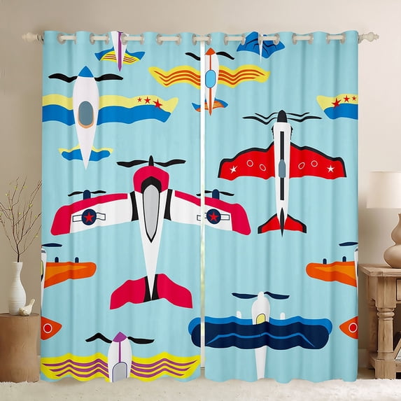 Airplane Curtains Helicopter Aircraft Military Transport Rainbow Planes Blackout Curtains 2 Panels 52"Wx63"L,Airliner Fighter Aeroplane Curtains & Drapes Watercolor Bedroom Decor