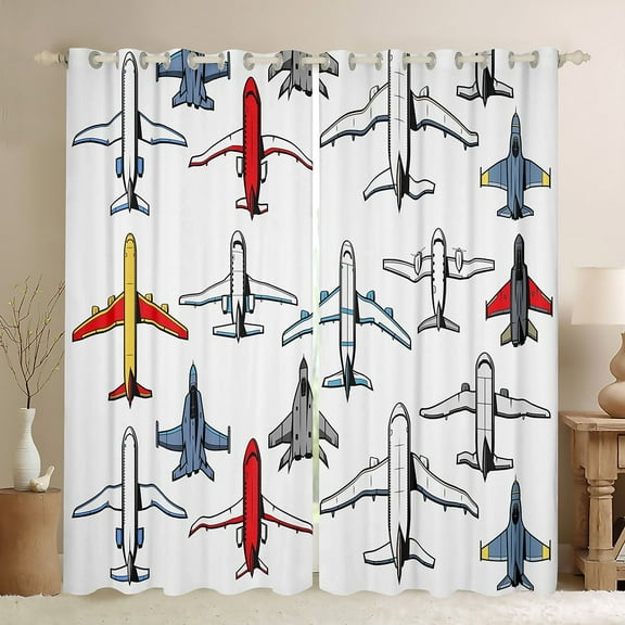 Airplane Curtains Vintage Aircraft 30%-50% Blackout Curtains,Fighter Plane Silhouette Curtains & Drapes Airliner Aeroplane Military Transport Themed Room Decor,Plain White