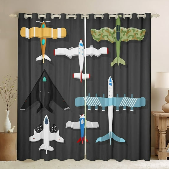 Airplane Curtains Vintage Aircraft Blackout Curtains 2 Panels 38"Wx45"L,Fighter Plane Silhouette Curtains & Drapes Airliner Aeroplane Military Transport Themed Room Decor,Grey