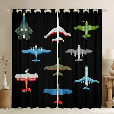 Airplane Curtains Vintage Aircraft Blackout Curtains 2 Panels 42"Wx63"L,Fighter Plane Silhouette Curtains & Drapes Airliner Aeroplane Military Transport Themed Room Decor,Black