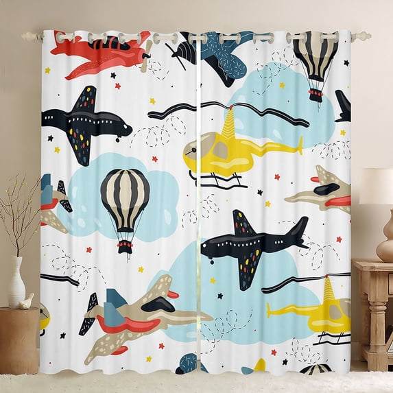 Airplane Curtains Watercolor Aircraft Curtains & Drapes,Cartoon Fighter Plane 30%-50% Blackout Curtains Helicopter Airliner Aeroplane Rainbow Stars Military Transport Themed Room Decor