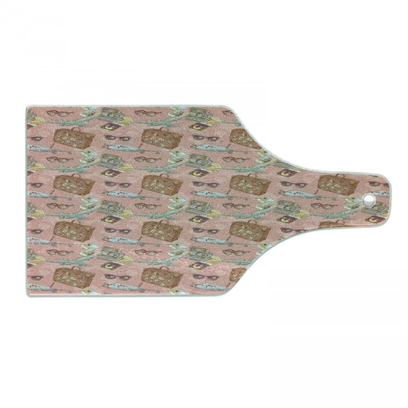 Airplane Cutting Board, Camera and Sunglasses Bon Voyage Vacation Tourist Pattern with Luggage Print, Decorative Tempered Glass Cutting and Serving Board, Wine Bottle Shape, Multicolor, by Ambesonne