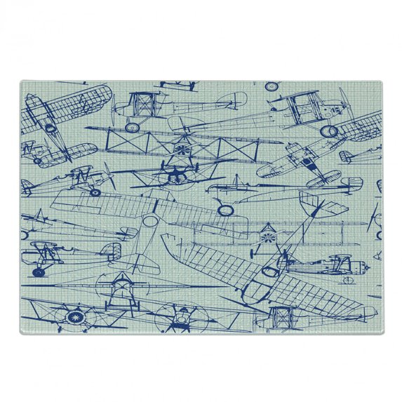 Airplane Cutting Board, Old Airplane Drawings Classic Dated Flight Vintage Style Nostalgic Jets, Decorative Tempered Glass Cutting and Serving Board, Small Size, Violet Blue Turquoise, by Ambesonne