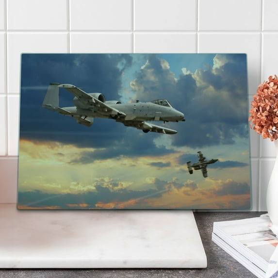 Airplane Cutting Board, Peacekeepers Mission Jet up International Flight Picture Aviation Theme Image, Decorative Tempered Glass Cutting and Serving Board, Large Size, Blue Grey, by Ambesonne