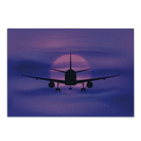 Airplane Cutting Board, Plane Silhouette in Dreamy Sunset Sky Vacation Holiday Travel Theme, Decorative Tempered Glass Cutting and Serving Board, Small Size, Royal Blue Pink Black, by Ambesonne