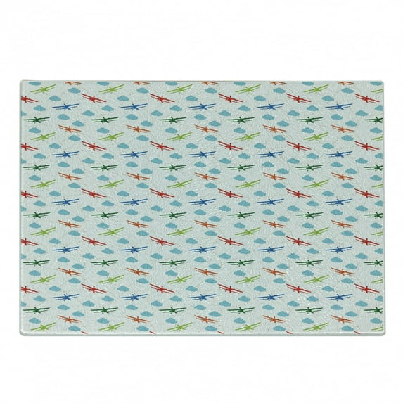 Airplane Cutting Board, Travel Around the World Theme with Colorful Retro Biplanes Air Route Dashed Lines, Decorative Tempered Glass Cutting and Serving Board, Small Size, Multicolor, by Ambesonne