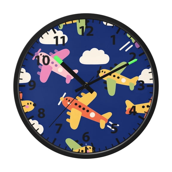 Airplane Dark Pattern Wall Clock 12 Inch Voice Activated Night Light Silent Non Ticking