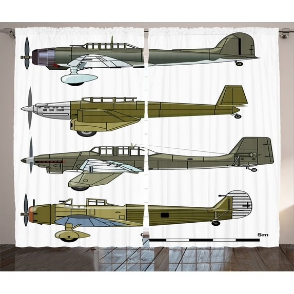 Ambesonne Airplane Curtains 2 Panel Set, Old Dive Planes Jets, 108" x 90", Green Grey White