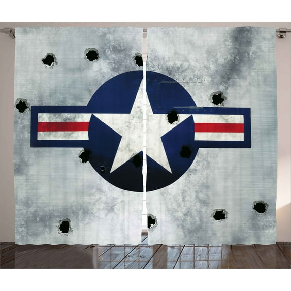 Ambesonne Airplane Curtains 2 Panel Set, Star on Round Circle, 108" x 90", Red Grey Blue