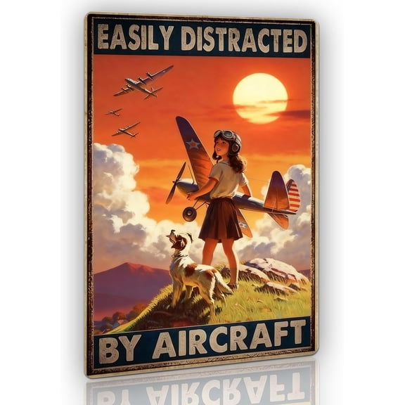 Airplane Decor Easily Distracted by Aircraft Metal Sign, Vintage Airplane Tin Poster Retro Wall Art - Aviation Themed Room Decor for Girls, Teens, Garage, Man Cave, Home Bar & Office 8x12 Inches