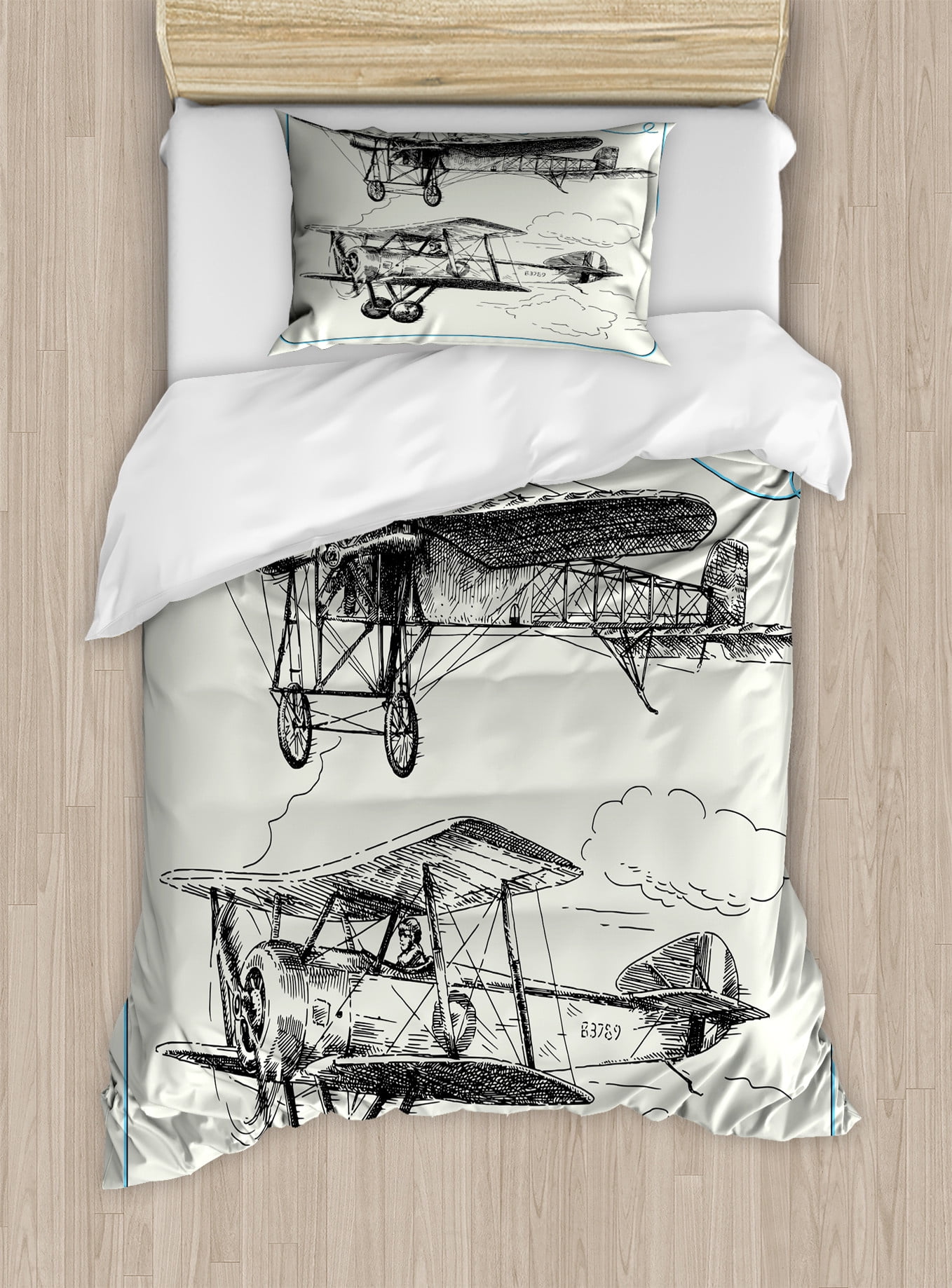 Twin Blue Black Airplane Sketch Duvet Cover Set