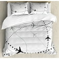 thumbnail image 1 of Airplane Duvet Cover Set, Illustration of Dotted Traces Flying Elements Flight Travel Map, Decorative 3 Piece Bedding Set with 2 Pillow Shams, Calking Size, Charcoal Grey and Pale Taupe, by Ambesonne, 1 of 3