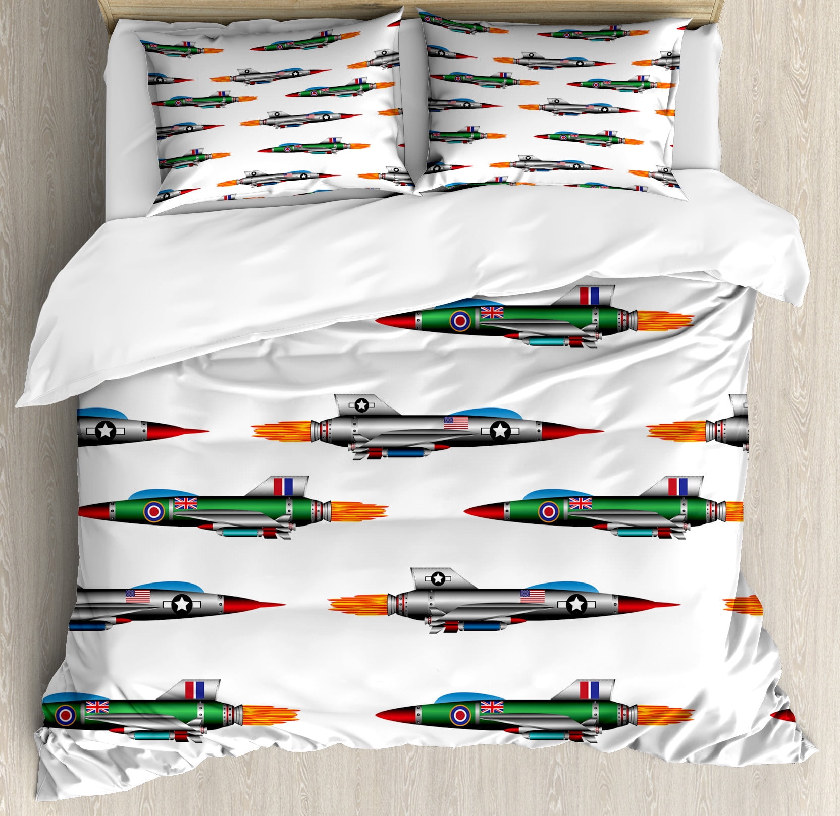 Multicolor Airplane Print Queen Duvet Cover Set