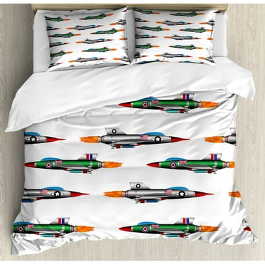 Airplane Duvet Cover Set, Jet-Planes Aviation Attack Modern Technology United Kingdom Model Illustration, Decorative 3 Piece Bedding Set with 2 Pillow Shams, Calking Size, Multicolor, by Ambesonne