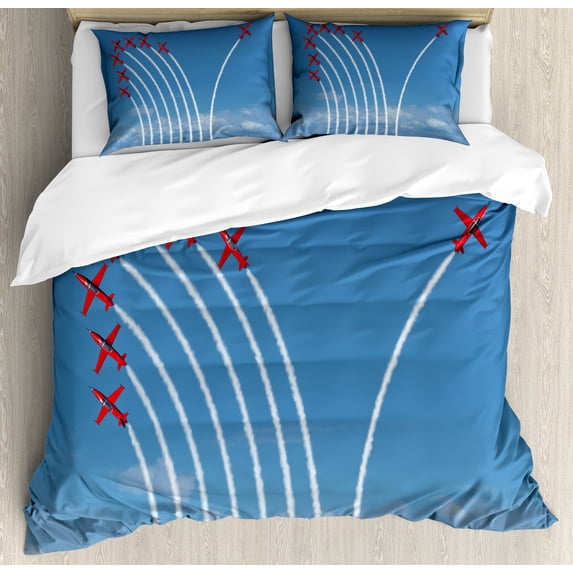 Airplane Duvet Cover Set, Leadership Symbolizing Show Time Flying Jets 1 Individually Separating, Decorative 3 Piece Bedding Set with 2 Pillow Shams, Calking Size, Sea Blue and Dark Pink, by Ambesonne