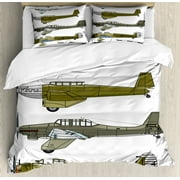 Airplane Duvet Cover Set, Thirties Style Dive in Camouflage Colors Historical Airshow Planes Design, Decorative 3 Piece Bedding Set with 2 Pillow Shams, Calking Size, Green Grey White, by Ambesonne