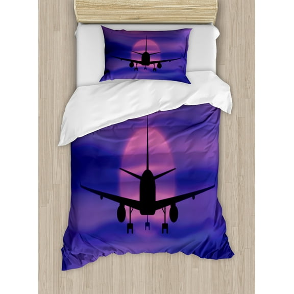 Airplane Duvet Cover Set Twin Size, Plane Silhouette in Dreamy Sunset Sky Vacation Holiday Travel Theme, Decorative 2 Piece Bedding Set with 1 Pillow Sham, Royal Blue Pink Black, by Ambesonne