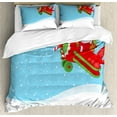 thumbnail image 1 of Airplane Duvet Cover Sets, Cartoon Style Demonstration of Santa Claus Flying in Snowy Weather, Bedding Set with 2 Duvet Covers & 4 Pillowcases, 2 Pack Queen Size, Sky Blue and Multicolor, by Ambesonne, 1 of 3